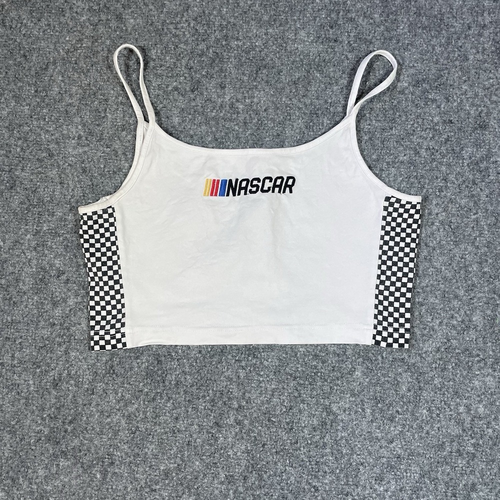 Nascar Authentic Graphic Cropped Tank Size Medium White Checkered Print Embroid